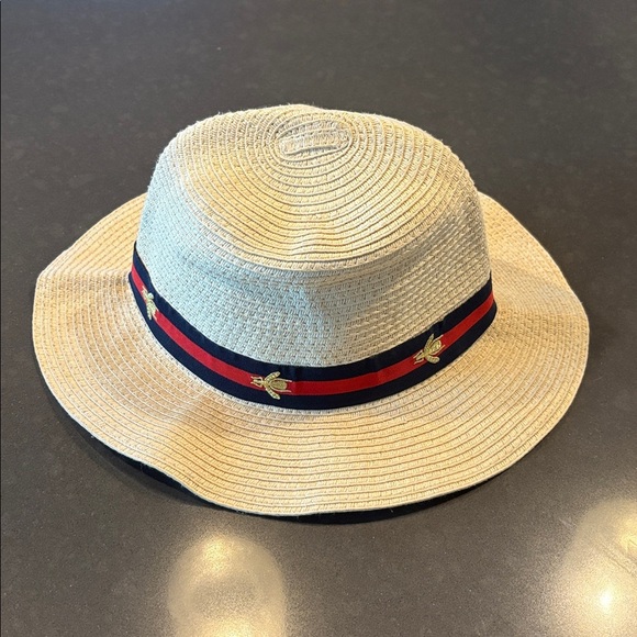 Authentic Gucci Bee-Embellished Woven Panama Hat with striped ribbon band UNISEX - Picture 1 of 7